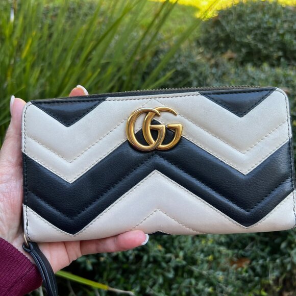 Gucci GG Marmont Chevron Zip Wallet Black & White Leather - Picture 1 of 10